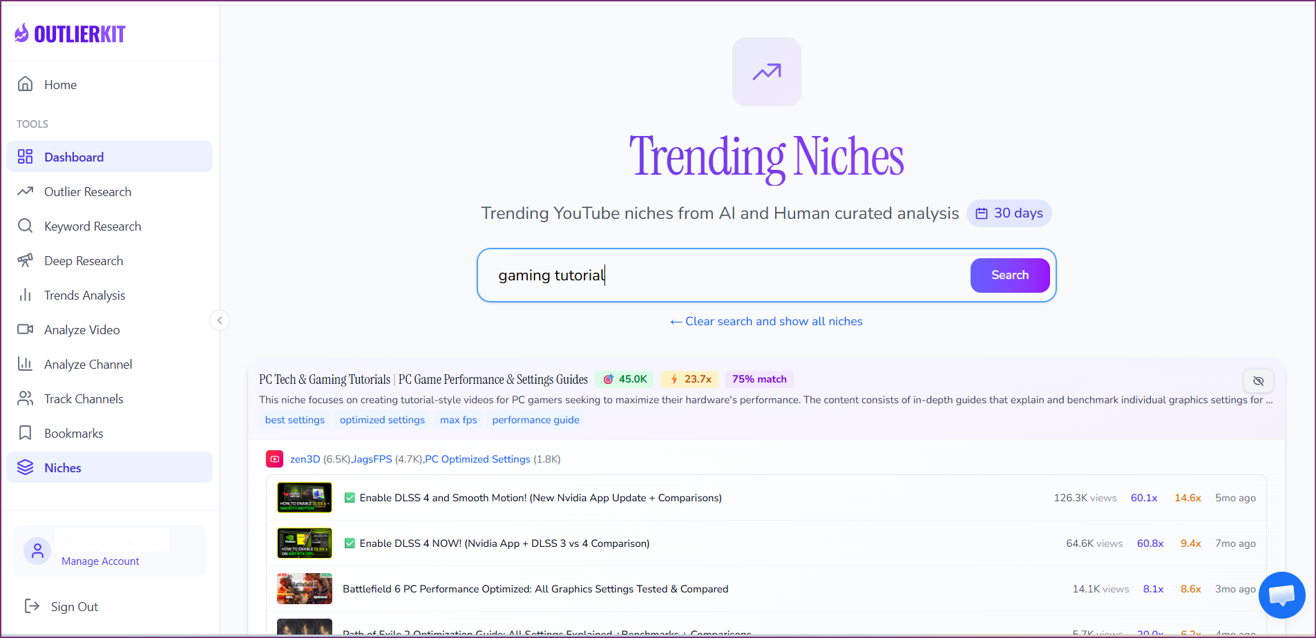 OutlierKit YouTube Niche Finder: Trending Niches Dashboard