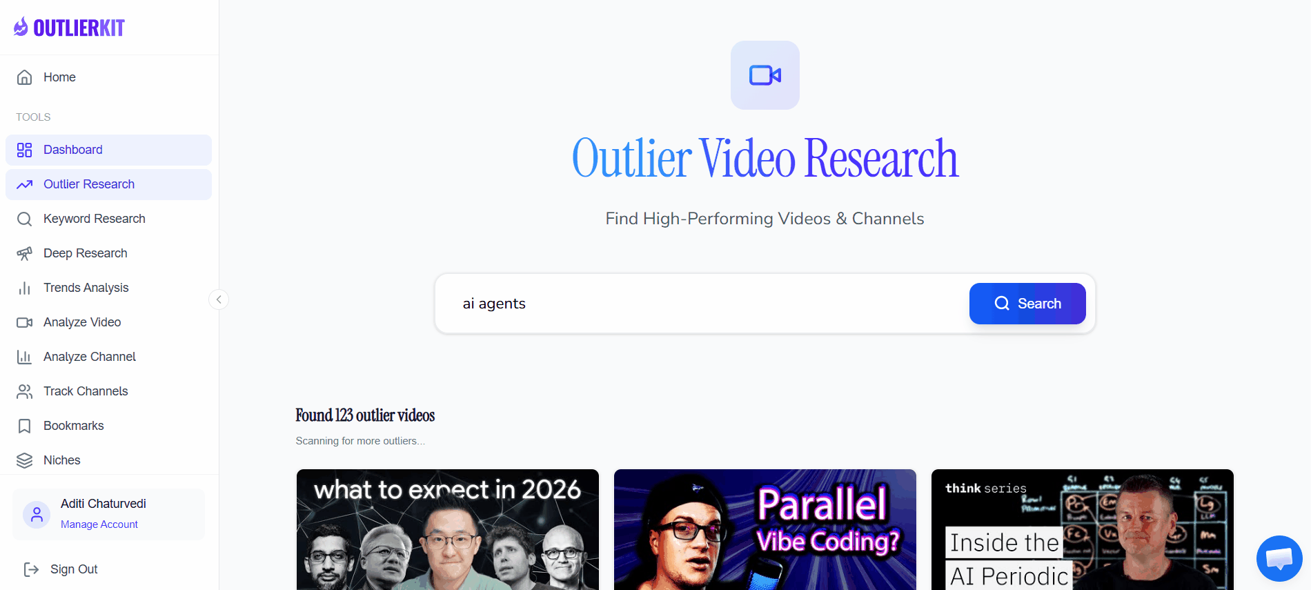 OutlierKit Outlier Finder showing outlier video detection across YouTube channels