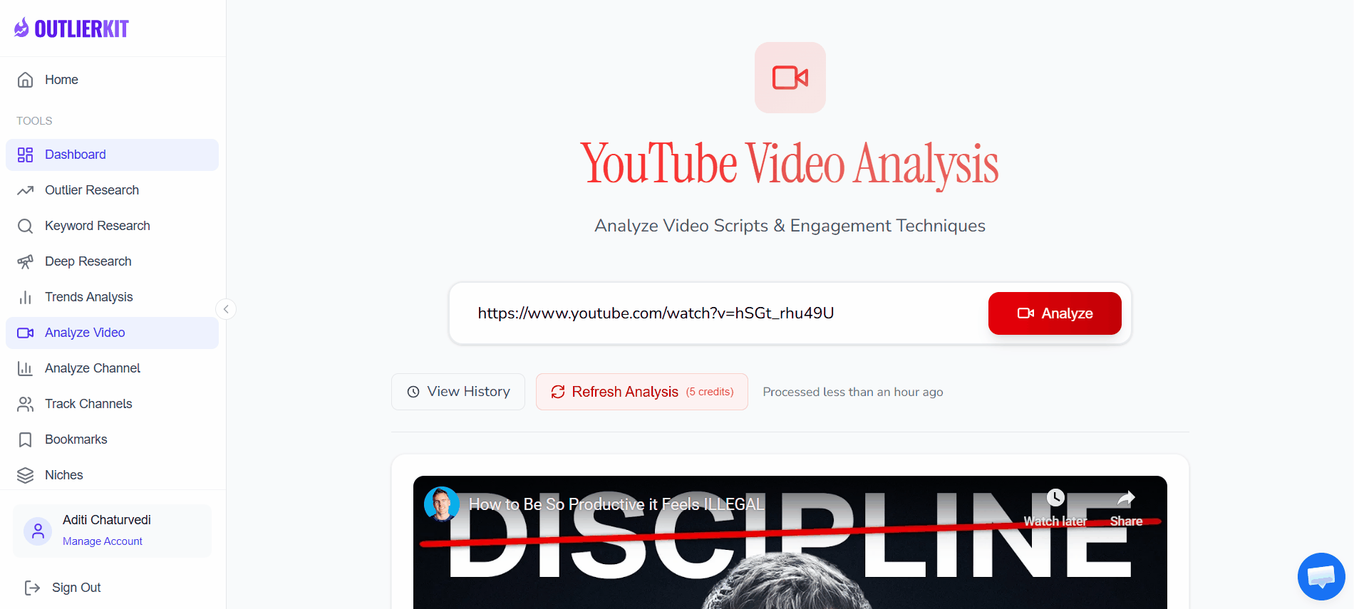 OutlierKit Video Analyzer in action — paste a YouTube URL to score a script across hooks, curiosity loops, pacing, emotional triggers, pattern interrupts, promise delivery and algorithm optimization