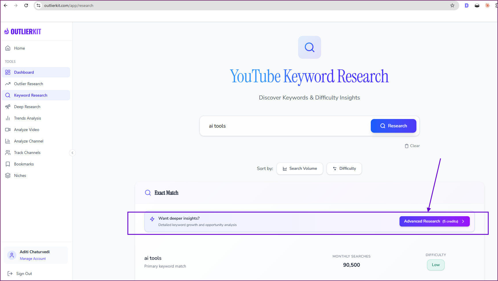 Advanced Research button showing 5 credits cost