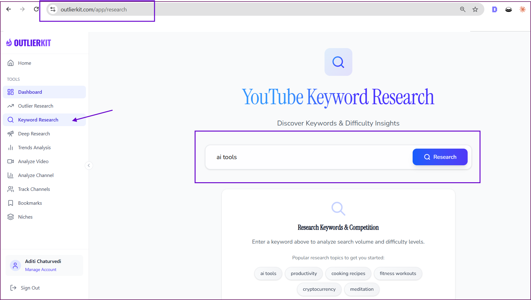 Keyword Research search bar with keyword entered