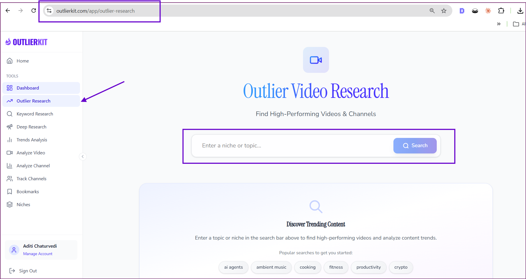 Outlier Research search bar with niche topic entered