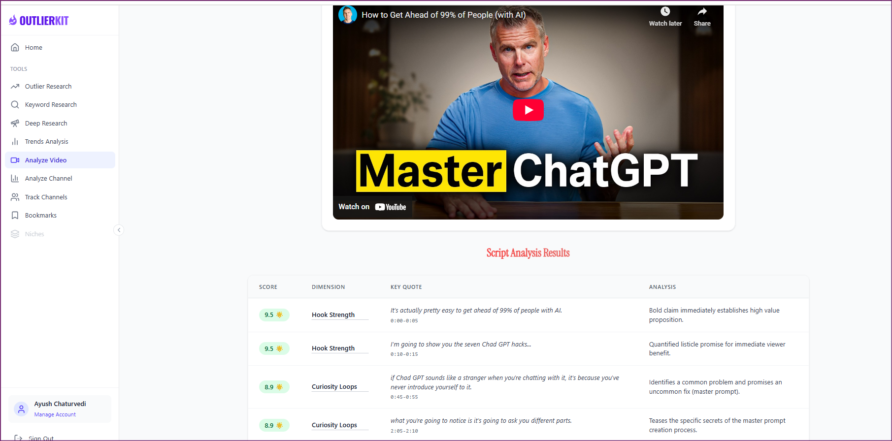 Video analysis results with script breakdown