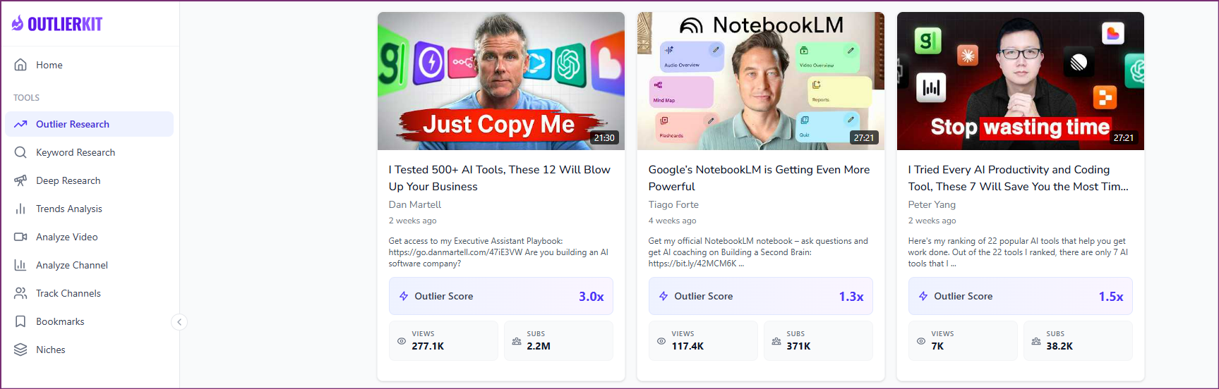 OutlierKit dashboard with 3-step workflow: Keyword Research, Find Outliers, Deep Research