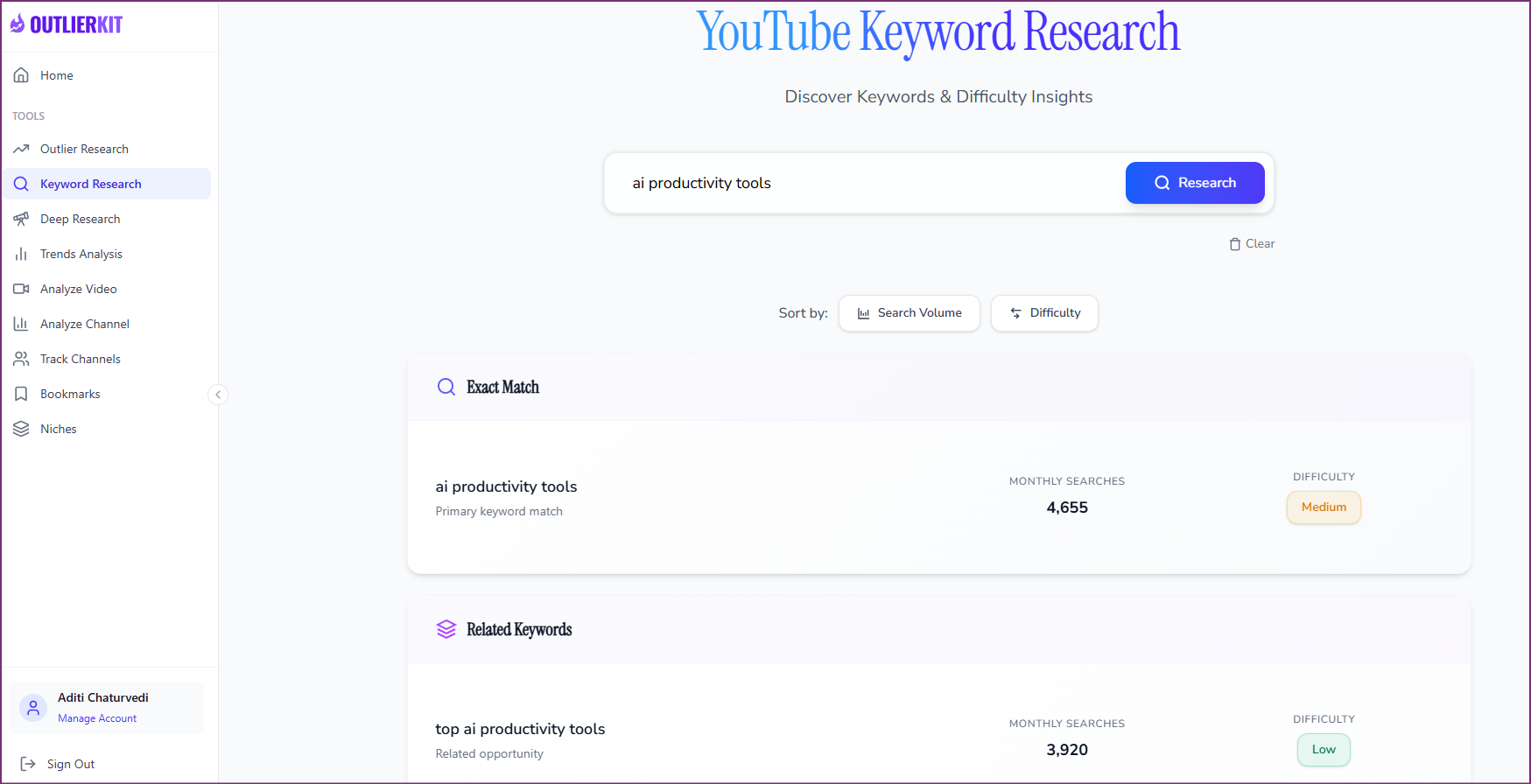 YouTube Keyword Research interface