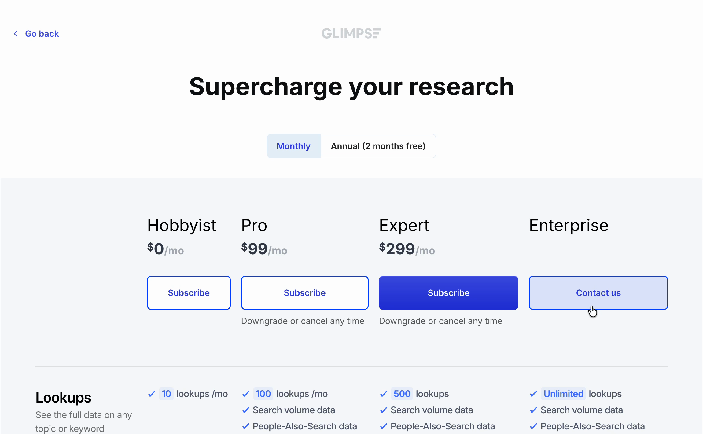 Glimpse Plans dashboard screenshot